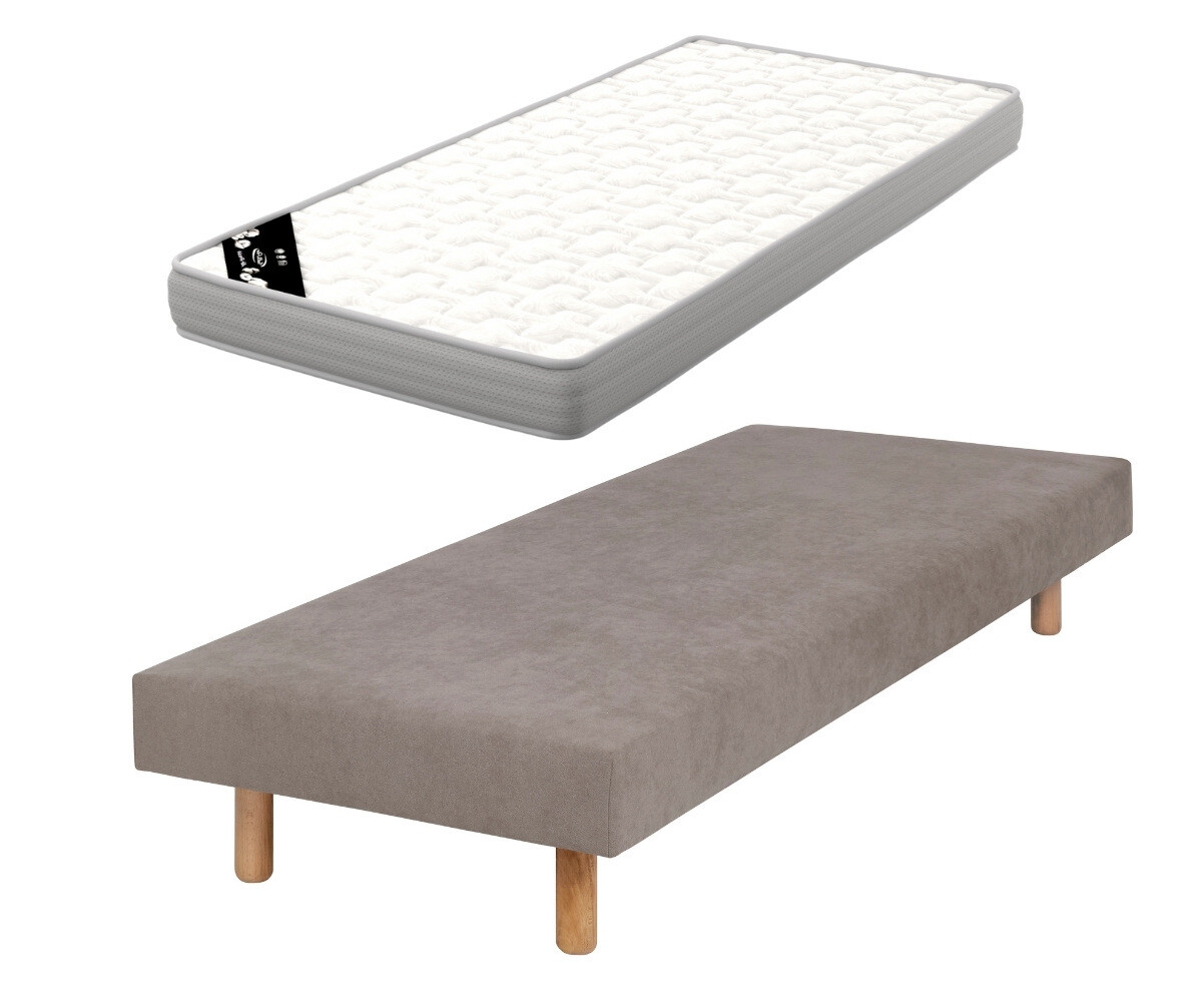 PROMO ! Sommier tapissier ado avec matelas Hisso Beige 80x200 cm Pieds Cylo bois Matelas Airfresh 15 cm