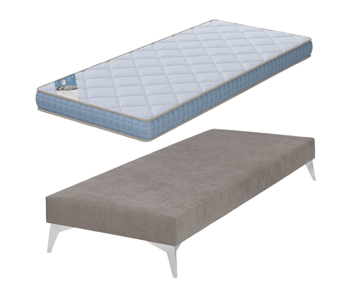 PROMO ! Sommier tapissier ado avec matelas Hisso Beige 70x190 cm Pieds Kompy chromé Matelas Loona 15 cm