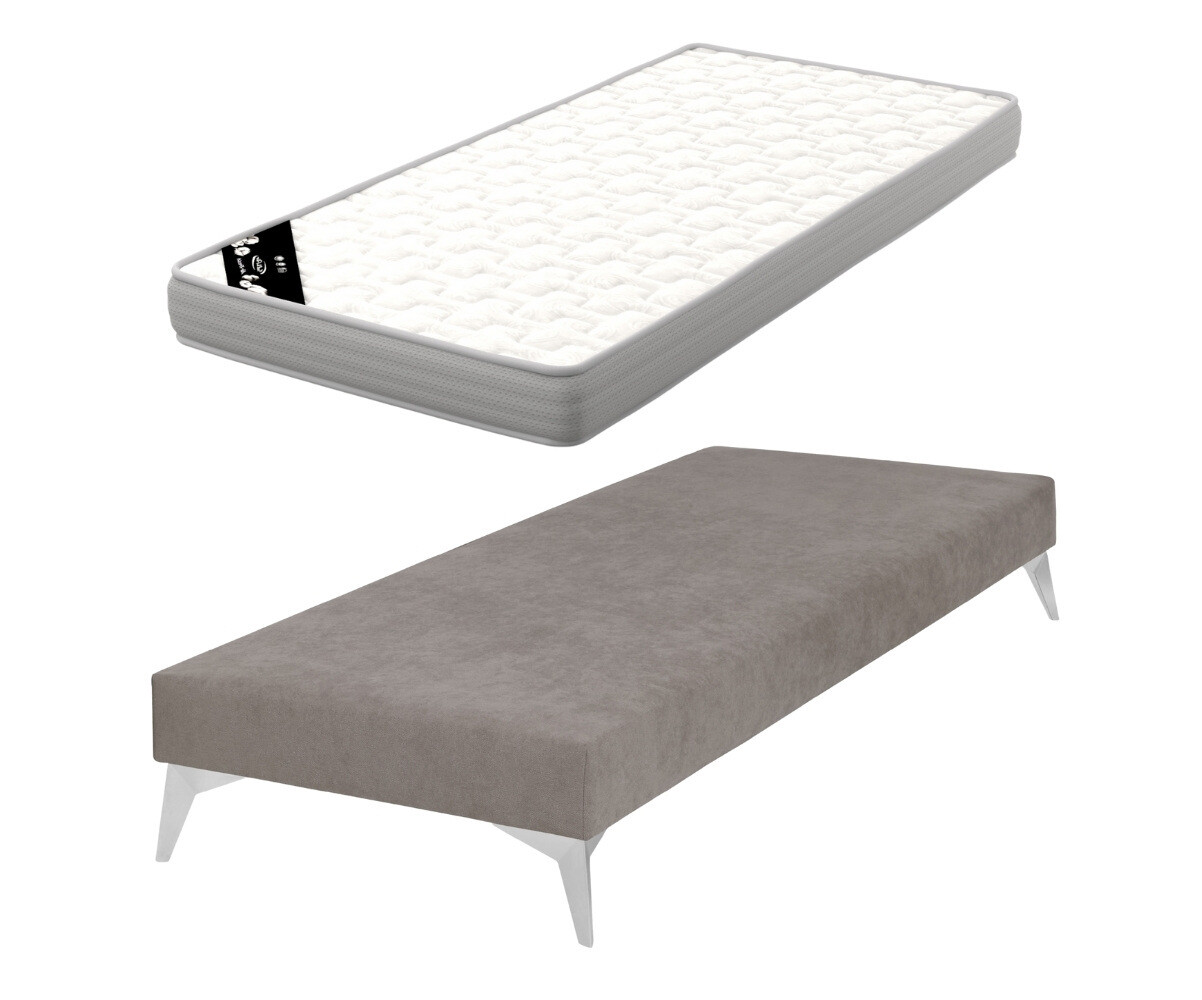 PROMO ! Sommier tapissier ado avec matelas Hisso Beige 70x190 cm Pieds Kompy chromé Matelas Airfresh 15 cm