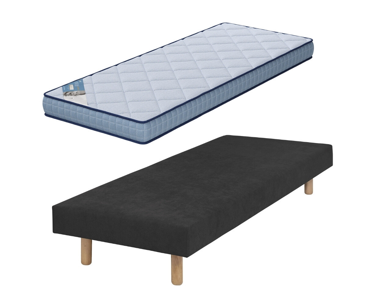 Sommier tapissier ado avec matelas Hisso Gris anthracite 80x200 cm Pieds Cylo bois Matelas Loona 15 cm