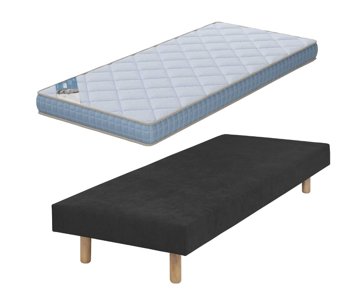 PROMO ! Sommier tapissier ado avec matelas Hisso Gris anthracite 70x190 cm Pieds Cylo bois Matelas Loona 15 cm