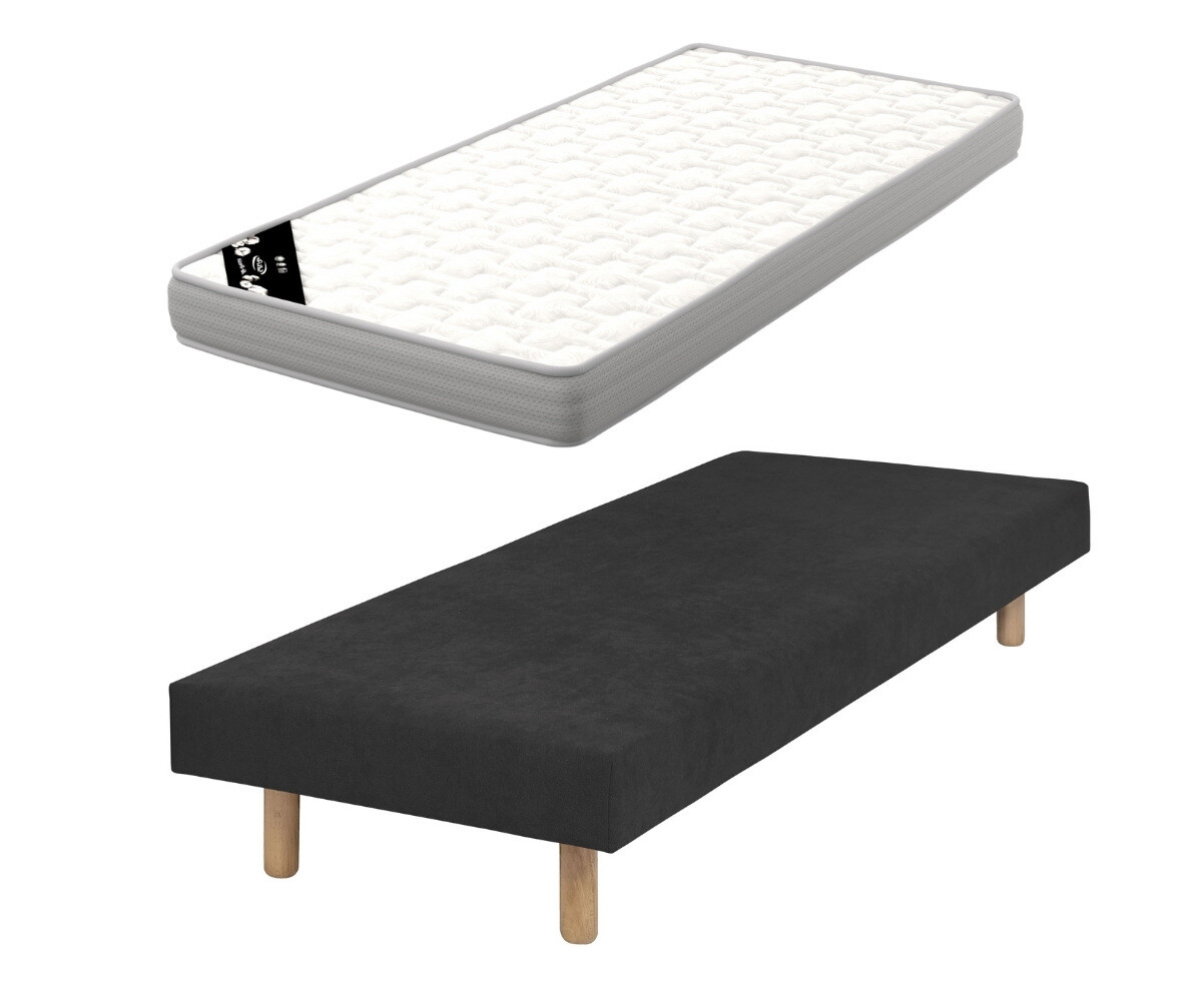 Sommier tapissier ado avec matelas Hisso Gris anthracite 70x190 cm Pieds Cylo bois Matelas Airfresh 15 cm