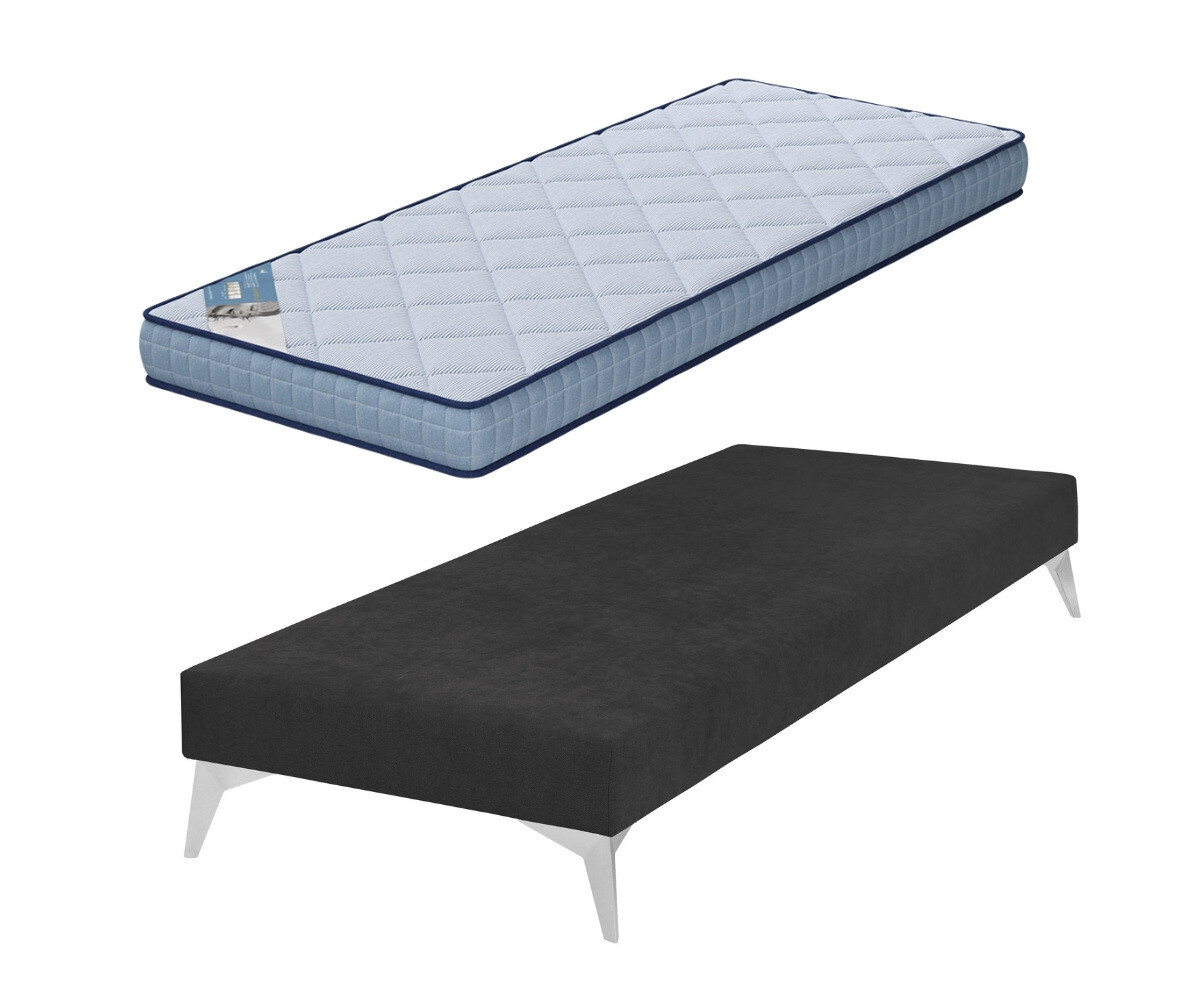 Sommier tapissier ado avec matelas Hisso Gris anthracite 80x200 cm Pieds Kompy chromé Matelas Loona 15 cm