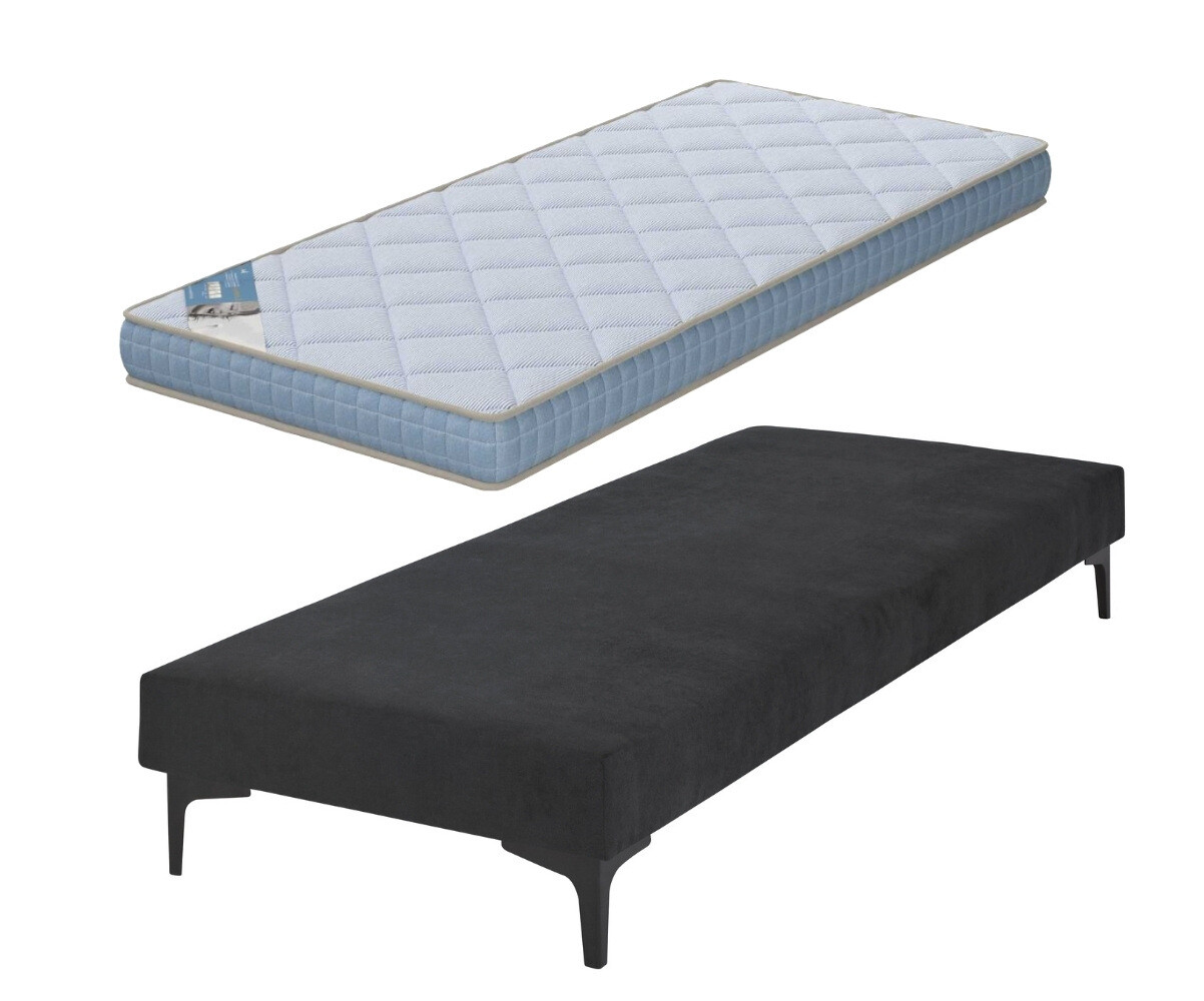 Sommier tapissier ado avec matelas Hisso Gris anthracite 70x190 cm Pieds Equy noir Matelas Loona 15 cm