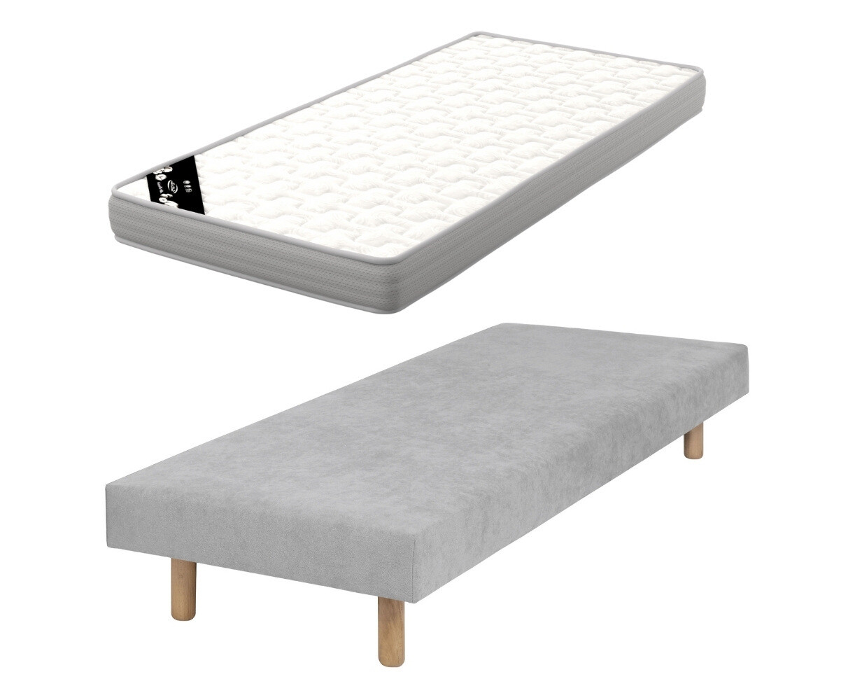 Sommier tapissier ado avec matelas Hisso Gris clair 70x190 cm Pieds Cylo bois Matelas Airfresh 15 cm