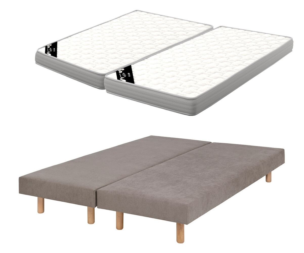 PROMO ! Sommier tapissier ado avec matelas Hisso Beige 2x80x200 cm Pieds Cylo bois Matelas Airfresh 15 cm