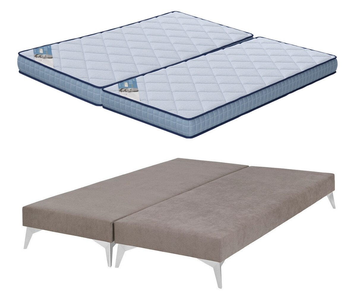 PROMO ! Sommier tapissier ado avec matelas Hisso Beige 2x80x200 cm Pieds Kompy chromé Matelas Loona 15 cm