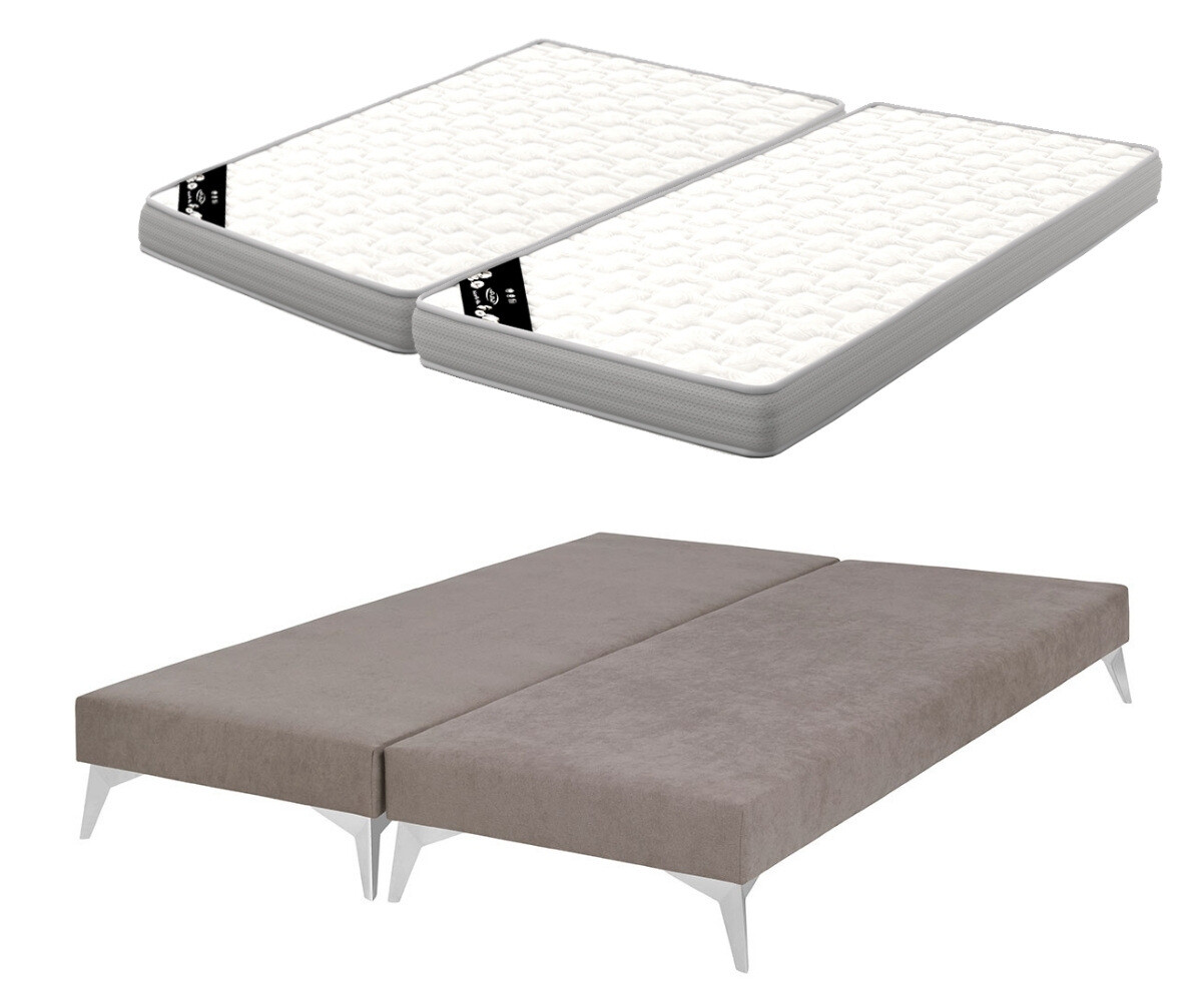 PROMO ! Sommier tapissier ado avec matelas Hisso Beige 2x70x190 cm Pieds Kompy chromé Matelas Airfresh 15 cm
