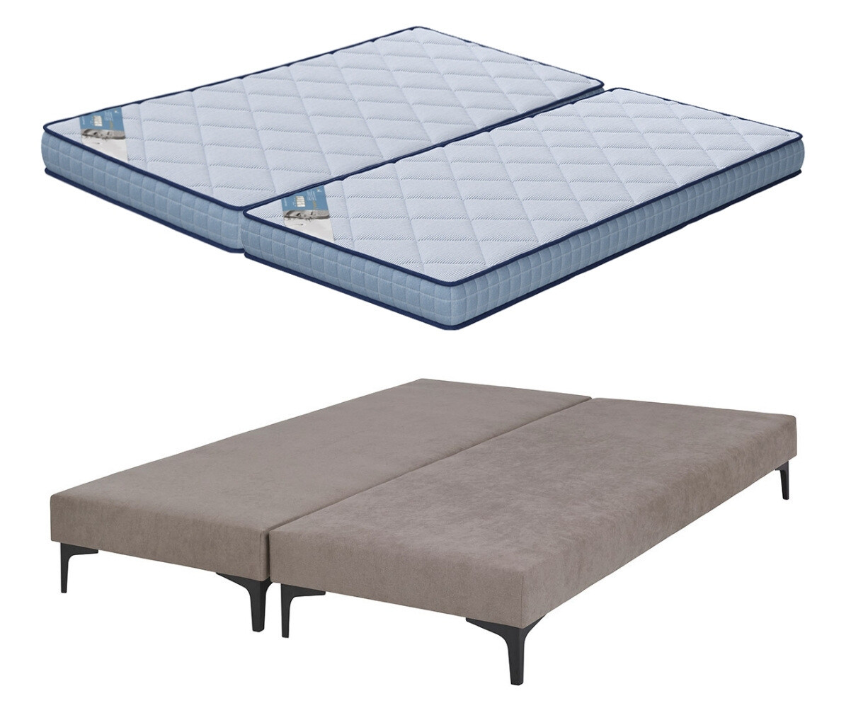 PROMO ! Sommier tapissier ado avec matelas Hisso Beige 2x80x200 cm Pieds Equy noir Matelas Loona 15 cm
