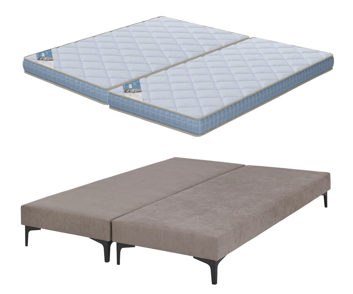 PROMO ! Sommier tapissier ado avec matelas Hisso Beige 2x70x190 cm Pieds Equy noir Matelas Loona 15 cm