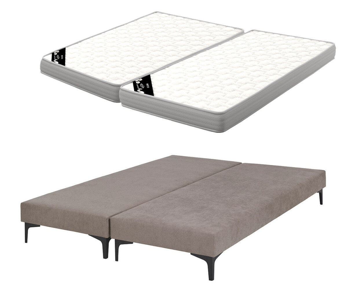 PROMO ! Sommier tapissier ado avec matelas Hisso Beige 2x80x200 cm Pieds Equy noir Matelas Airfresh 15 cm