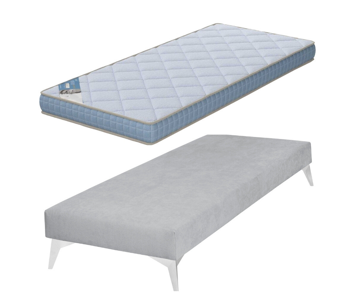 Sommier tapissier ado avec matelas Hisso Gris clair 70x190 cm Pieds Kompy chromé Matelas Loona 15 cm
