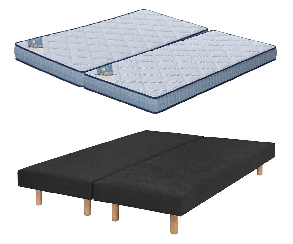 Sommier tapissier ado avec matelas Hisso Gris anthracite 2x80x200 cm Pieds Cylo bois Matelas Loona 15 cm