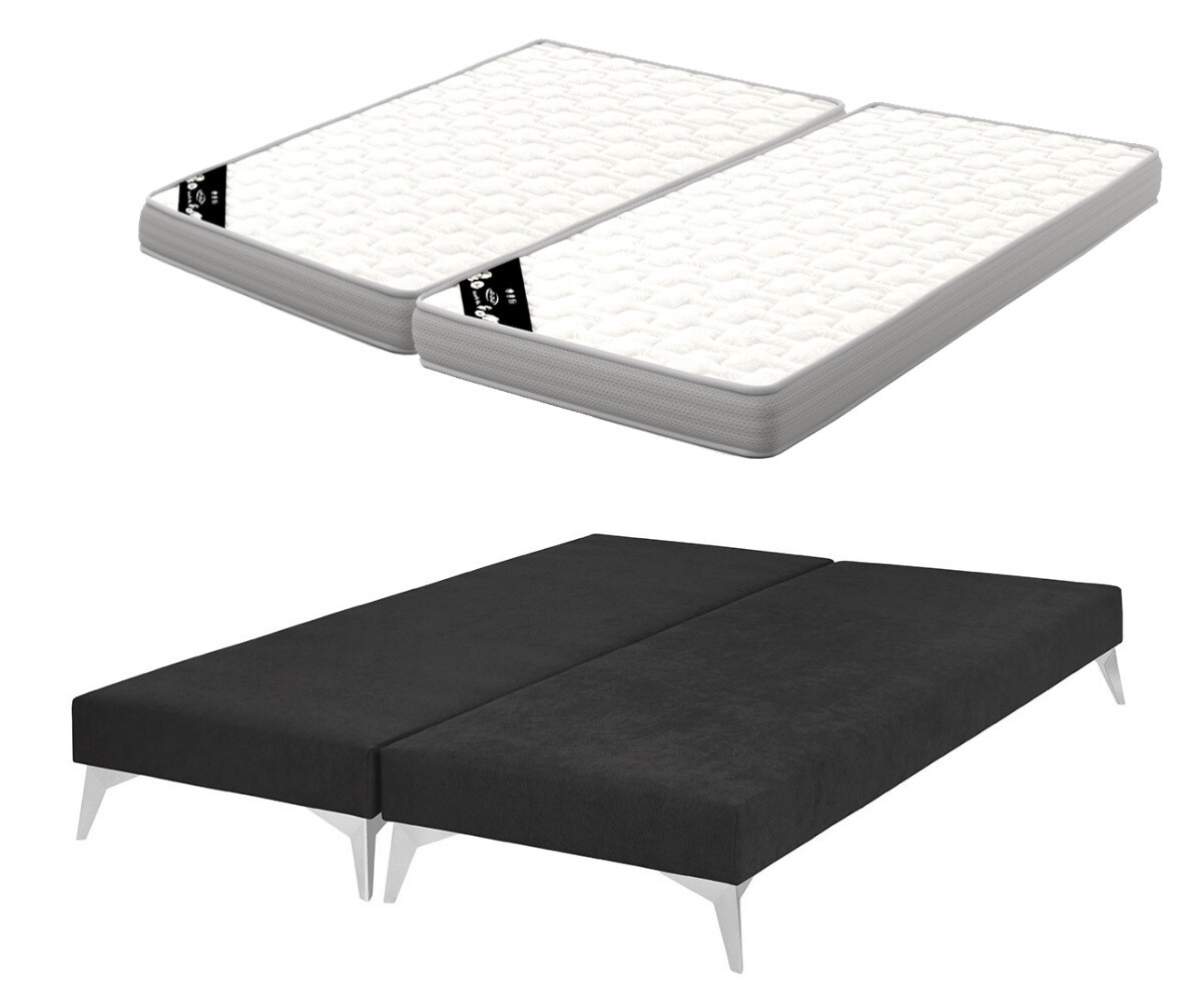 PROMO ! Sommier tapissier ado avec matelas Hisso Gris anthracite 2x70x190 cm Pieds Kompy chromé Matelas Airfresh 15 cm
