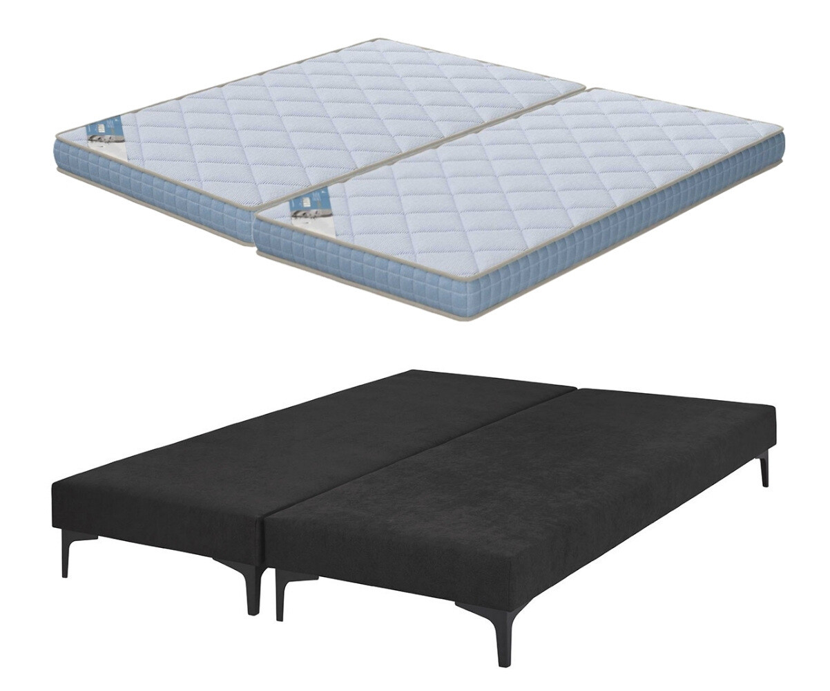 Sommier tapissier ado avec matelas Hisso Gris anthracite 2x70x190 cm Pieds Equy noir Matelas Loona 15 cm