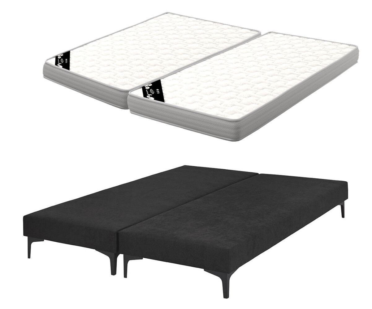 Sommier tapissier ado avec matelas Hisso Gris anthracite 2x80x200 cm Pieds Equy noir Matelas Airfresh 15 cm