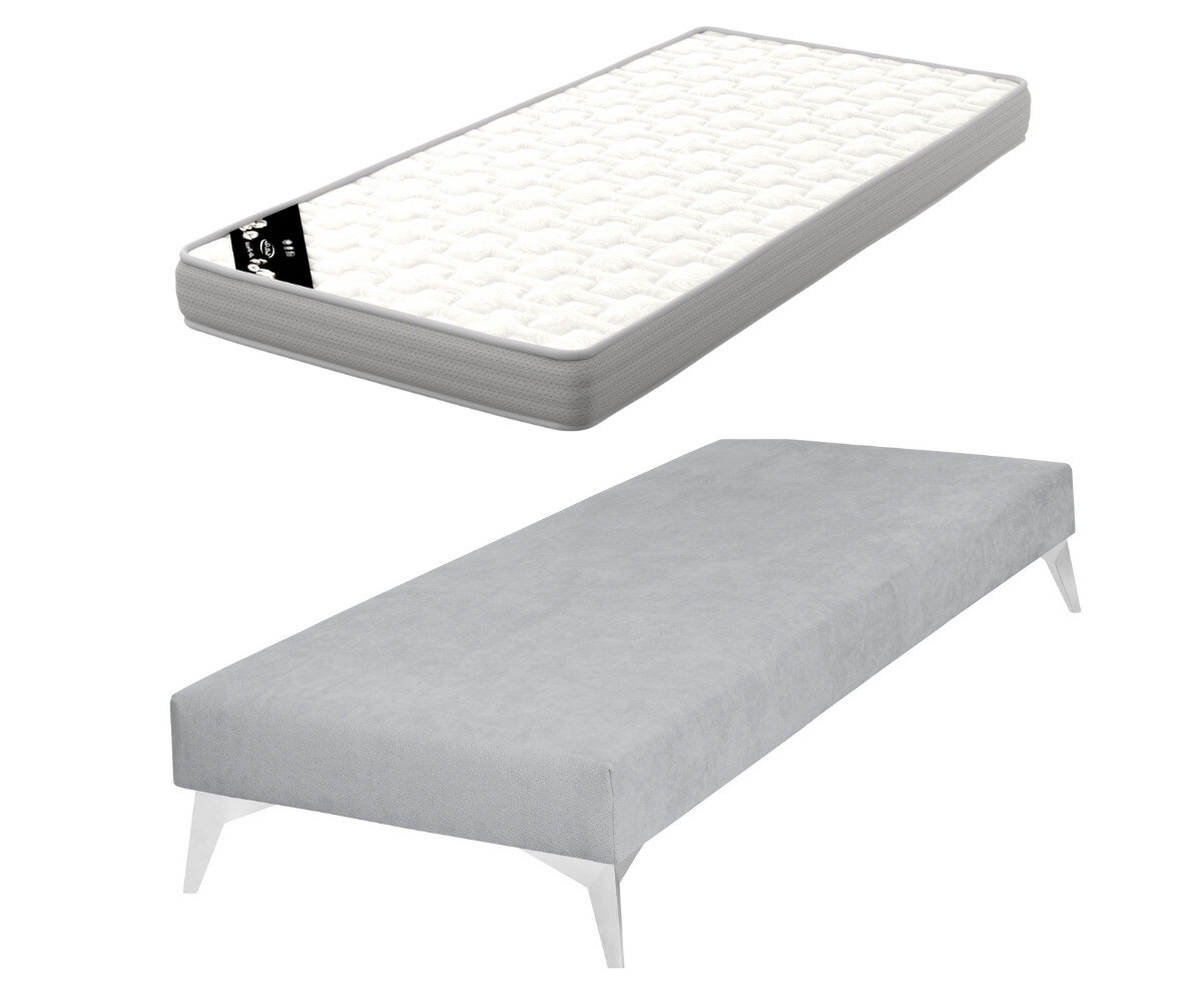 Sommier tapissier ado avec matelas Hisso Gris clair 70x190 cm Pieds Kompy chromé Matelas Airfresh 15 cm