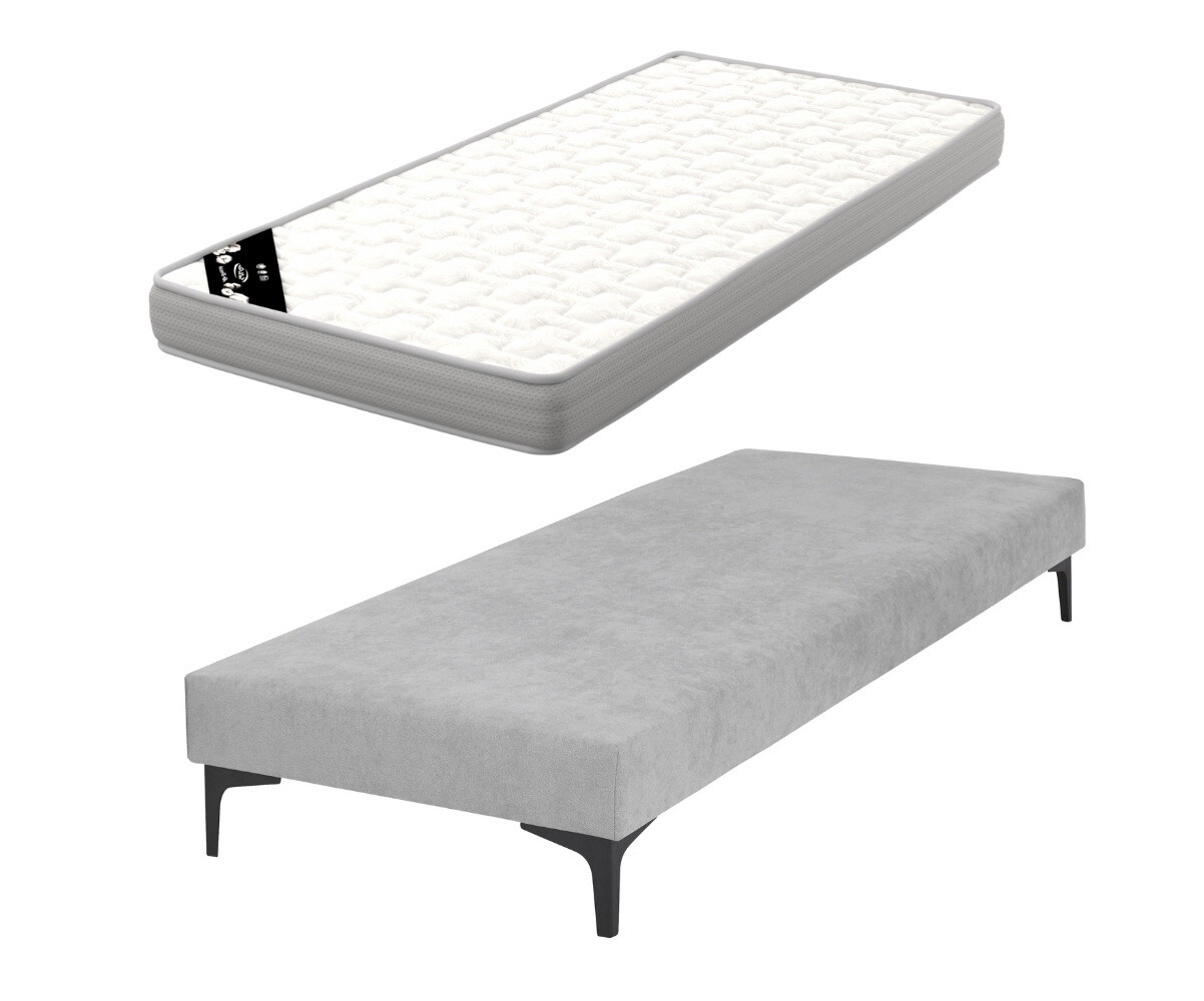 Sommier tapissier ado avec matelas Hisso Gris clair 70x190 cm Pieds Equy noir Matelas Airfresh 15 cm