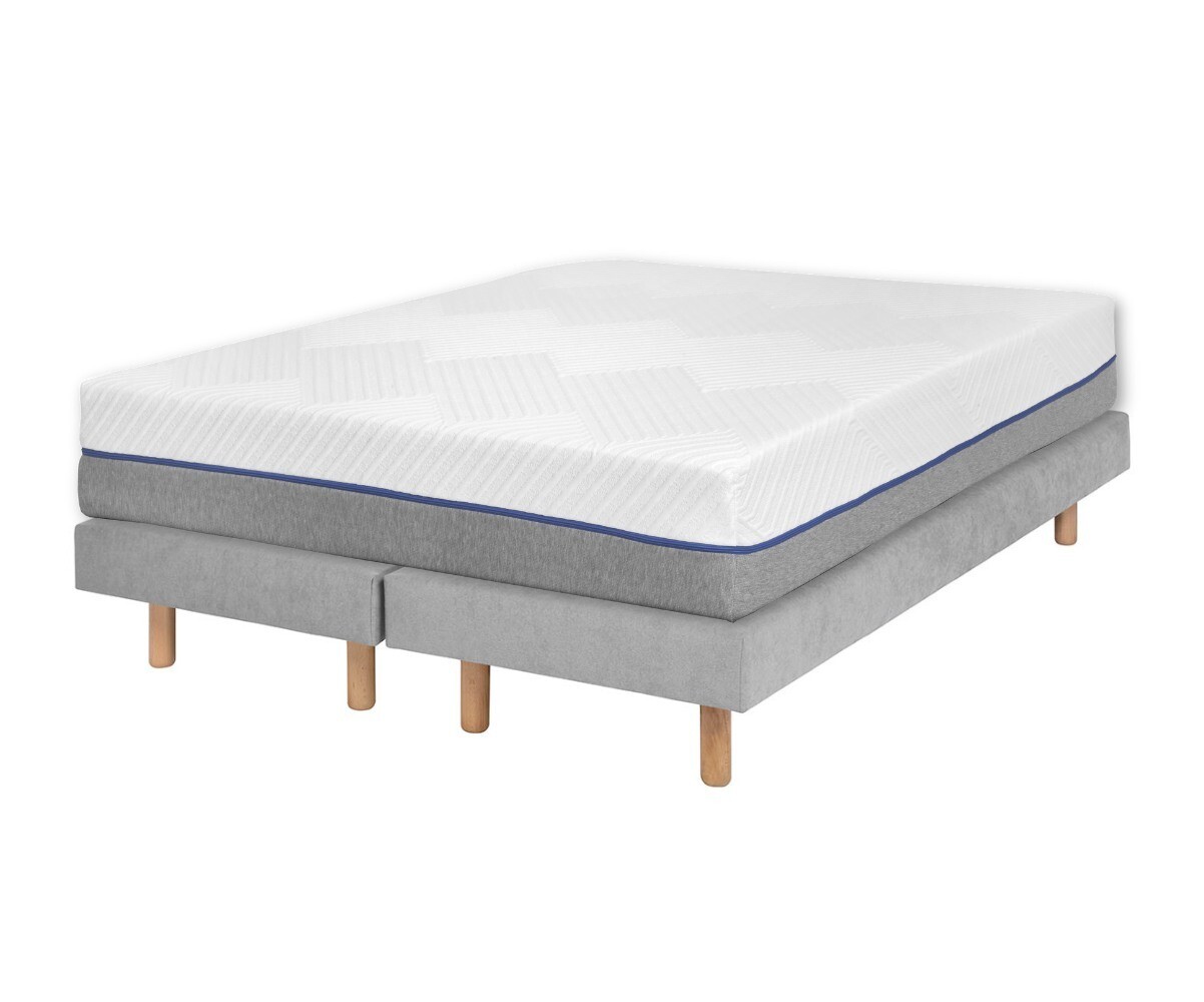 Sommier tapissier ado 2 places avec matelas Hisso Gris clair 2x70x190 cm Pieds Cylo bois Matelas mémoire de forme Vénus