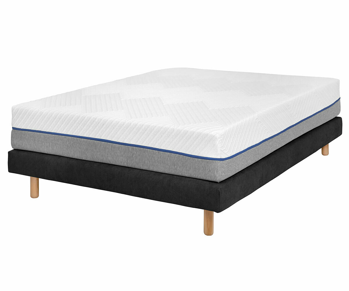 Sommier tapissier ado 2 places avec matelas Hisso Gris anthracite 140x190 cm Pieds Cylo bois Matelas mémoire de forme Vénus