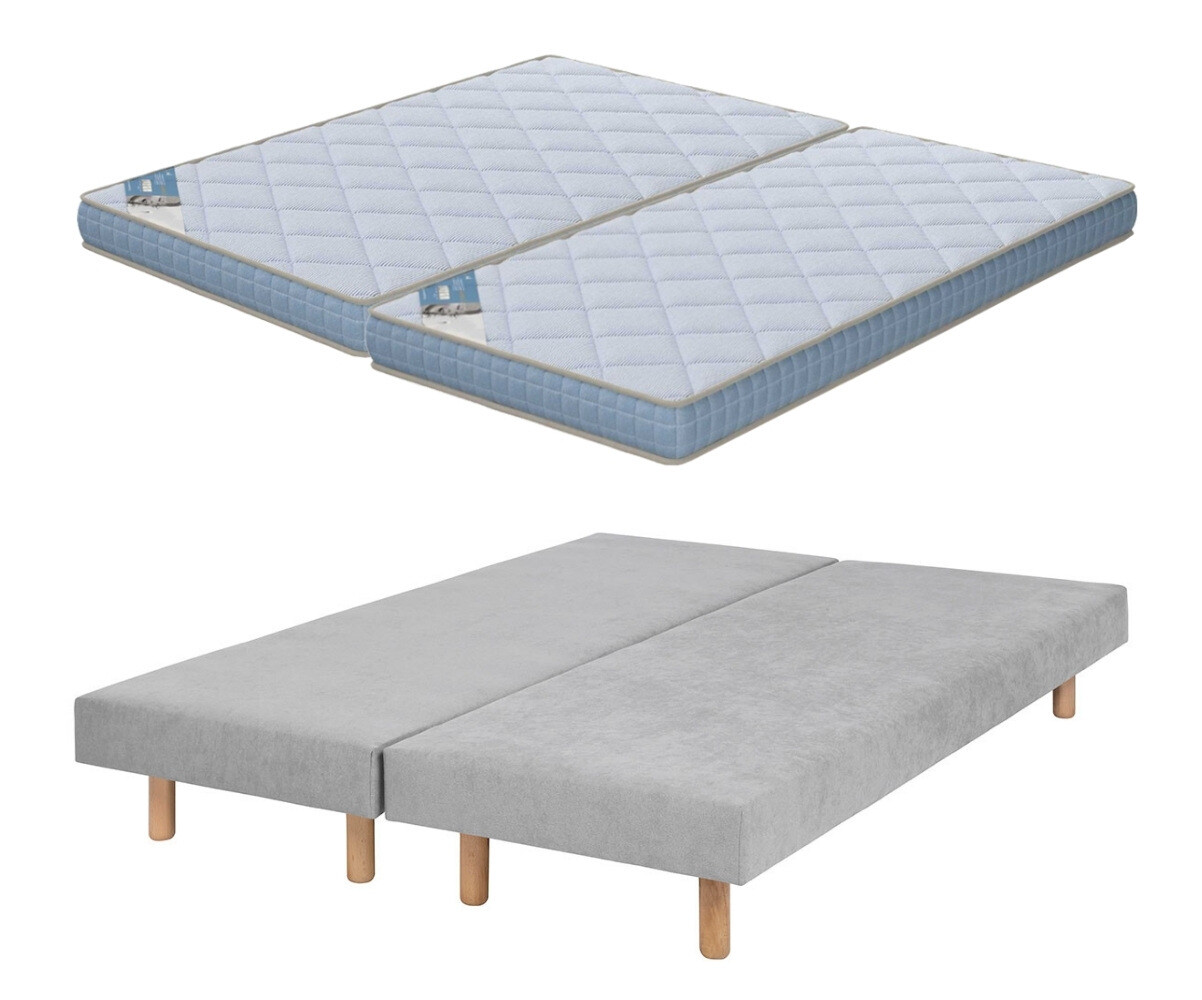 Sommier tapissier adulte avec matelas Hisso Gris clair 2x70x190 cm Pieds Cylo bois Matelas Loona 15 cm