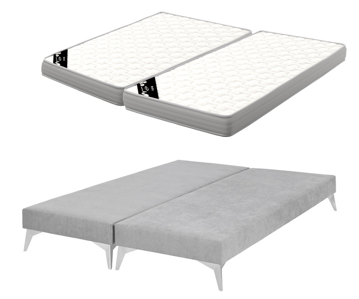 Sommier tapissier adulte avec matelas Hisso Gris clair 2x70x190 cm Pieds Kompy chromé Matelas Airfresh 15 cm