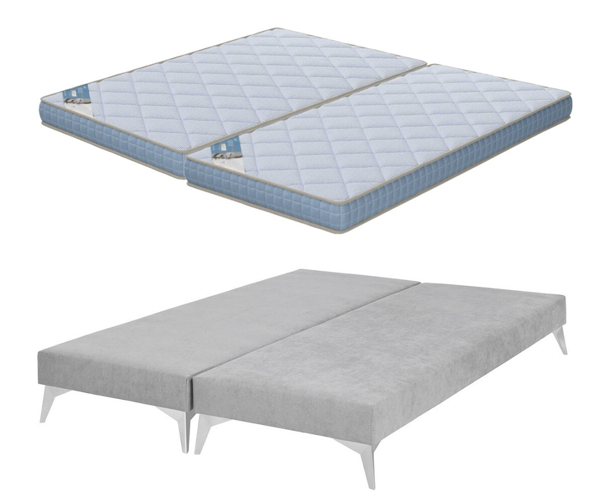 Sommier tapissier adulte avec matelas Hisso Gris clair 2x70x190 cm Pieds Kompy chromé Matelas Loona 15 cm