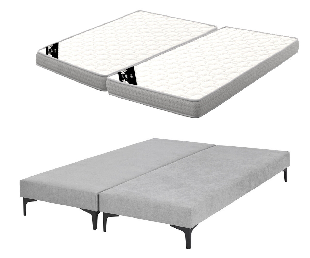 Sommier tapissier adulte avec matelas Hisso Gris clair 2x70x190 cm Pieds Equy noir Matelas Airfresh 15 cm