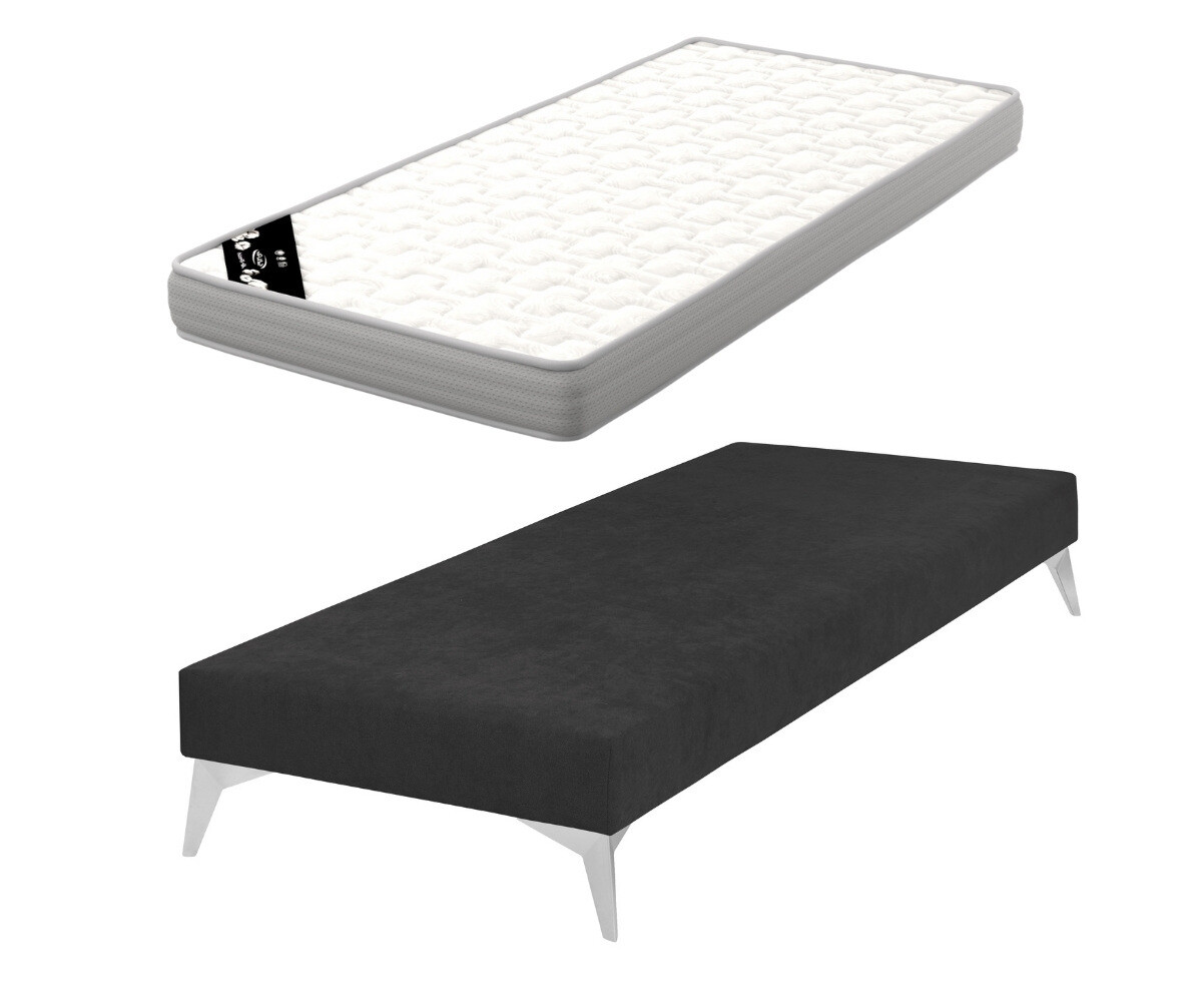 Sommier tapissier adulte avec matelas Hisso Gris anthracite 80x200 cm Pieds Kompy chromé Matelas Airfresh 15 cm