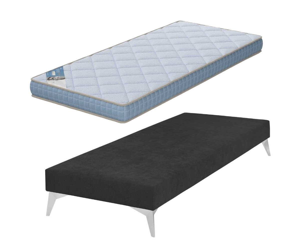 Sommier tapissier adulte avec matelas Hisso Gris anthracite 70x190 cm Pieds Kompy chromé Matelas Loona 15 cm