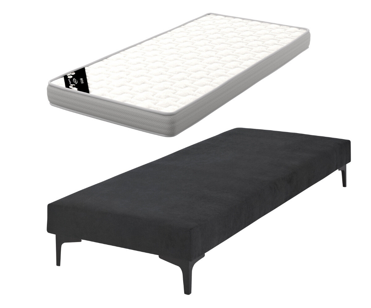 Sommier tapissier adulte avec matelas Hisso Gris anthracite 80x200 cm Pieds Equy noir Matelas Airfresh 15 cm