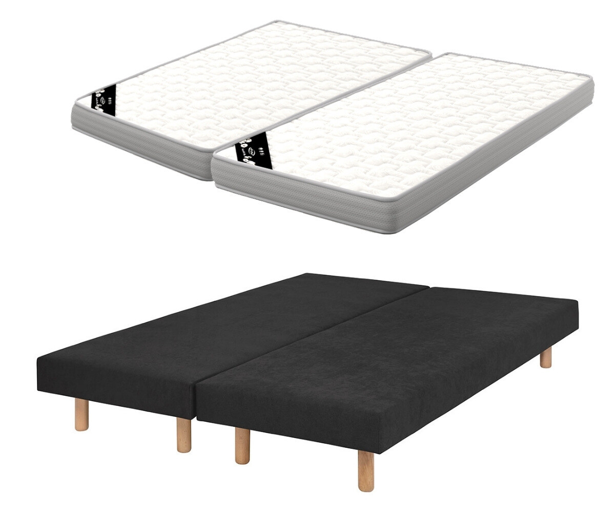 PROMO ! Sommier tapissier adulte avec matelas Hisso Gris anthracite 2x70x190 cm Pieds Cylo bois Matelas Airfresh 15 cm