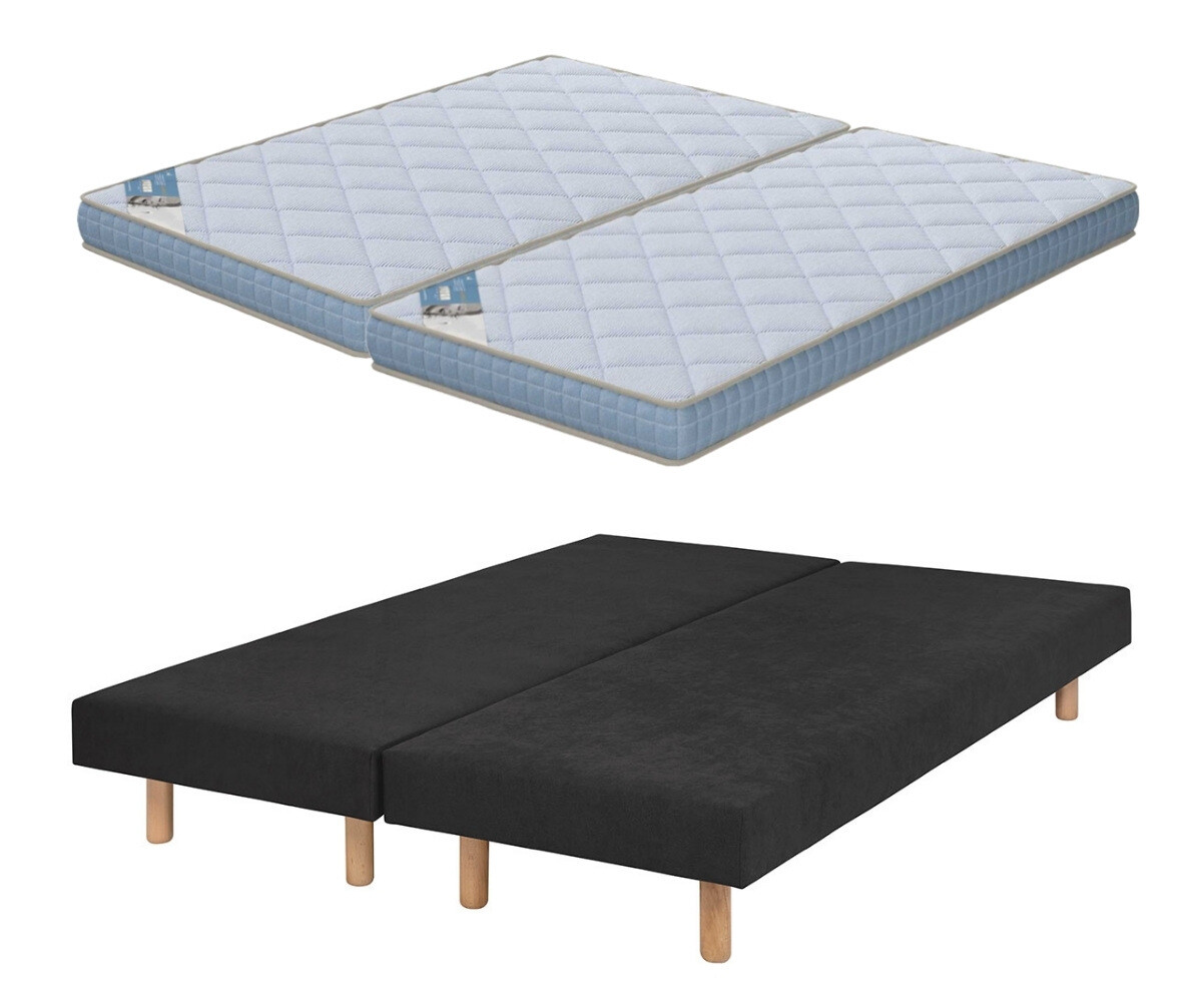 Sommier tapissier adulte avec matelas Hisso Gris anthracite 2x70x190 cm Pieds Cylo bois Matelas Loona 15 cm