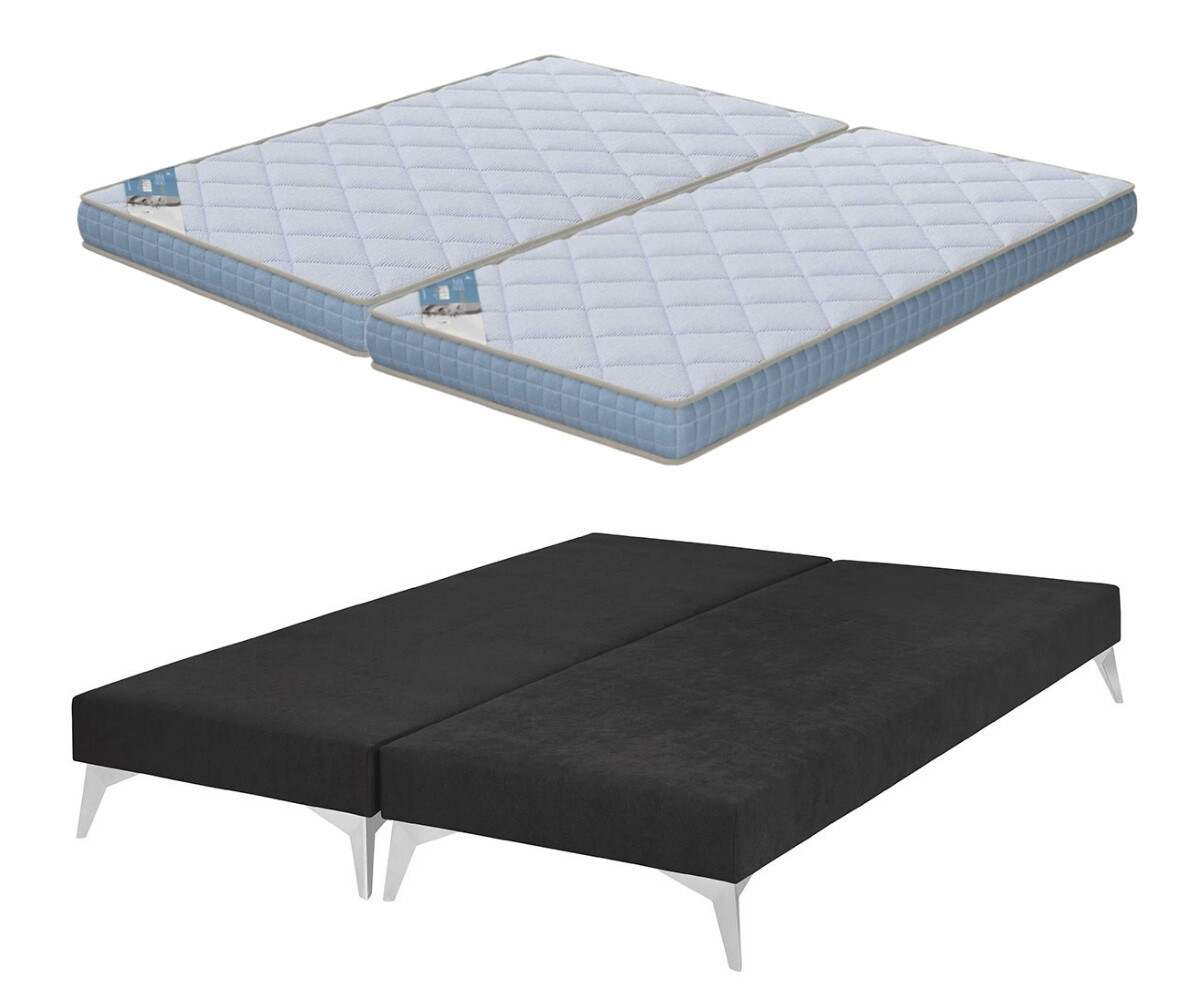 PROMO ! Sommier tapissier adulte avec matelas Hisso Gris anthracite 2x70x190 cm Pieds Kompy chromé Matelas Loona 15 cm