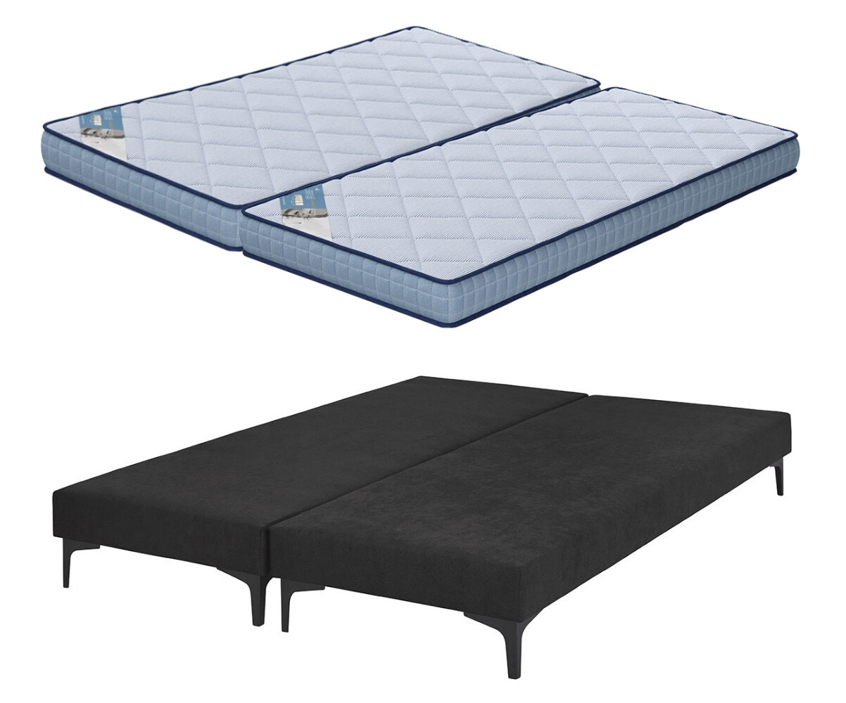 Sommier tapissier adulte avec matelas Hisso Gris anthracite 2x80x200 cm Pieds Equy noir Matelas Loona 15 cm