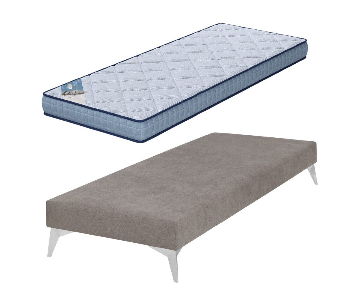 PROMO ! Sommier tapissier adulte avec matelas Hisso Beige 80x200 cm Pieds Kompy chromé Matelas Loona 15 cm
