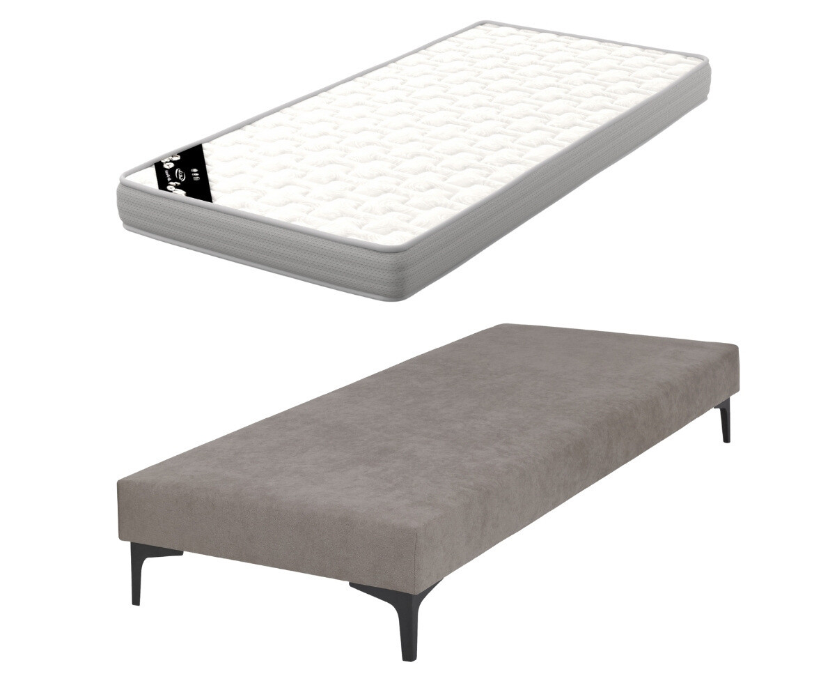 PROMO ! Sommier tapissier adulte avec matelas Hisso Beige 70x190 cm Pieds Equy noir Matelas Airfresh 15 cm