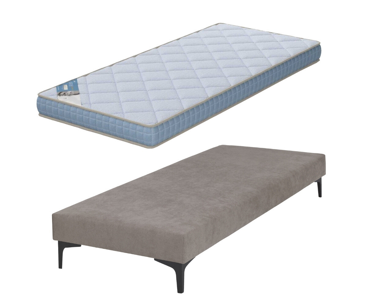 PROMO ! Sommier tapissier adulte avec matelas Hisso Beige 70x190 cm Pieds Equy noir Matelas Loona 15 cm