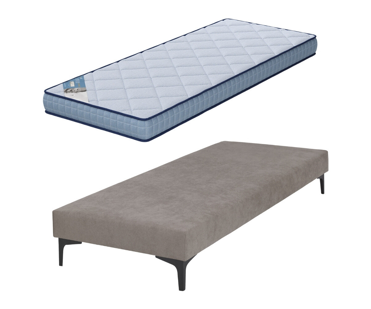 PROMO ! Sommier tapissier adulte avec matelas Hisso Beige 80x200 cm Pieds Equy noir Matelas Loona 15 cm