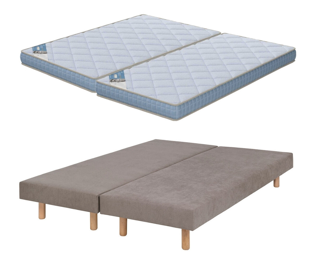 PROMO ! Sommier tapissier adulte avec matelas Hisso Beige 2x70x190 cm Pieds Cylo bois Matelas Loona 15 cm