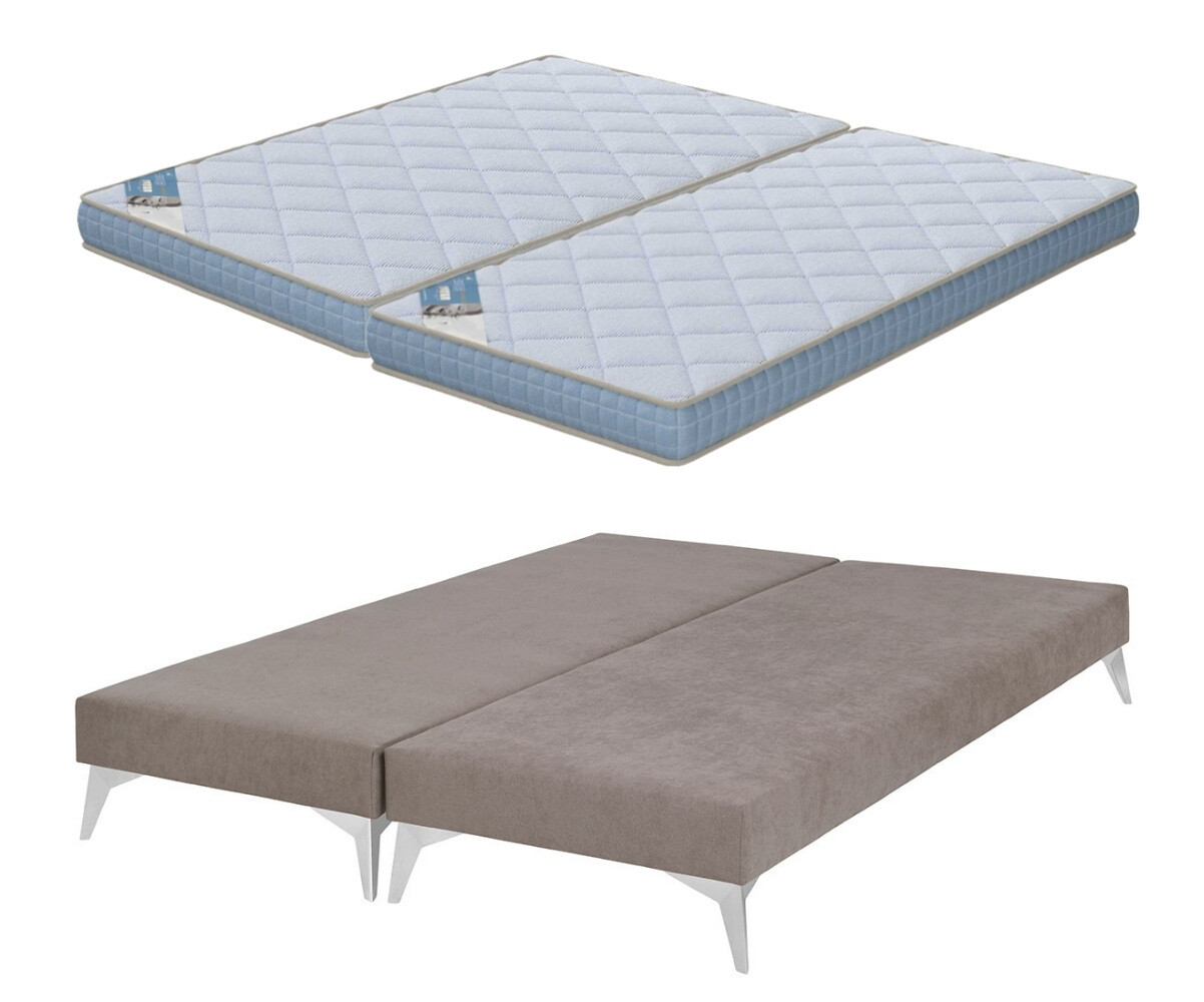 PROMO ! Sommier tapissier adulte avec matelas Hisso Beige 2x70x190 cm Pieds Kompy chromé Matelas Loona 15 cm