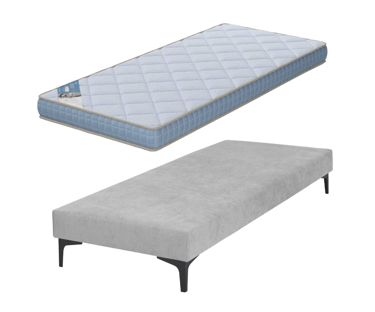 Sommier tapissier adulte avec matelas Hisso Gris clair 70x190 cm Pieds Equy noir Matelas Loona 15 cm