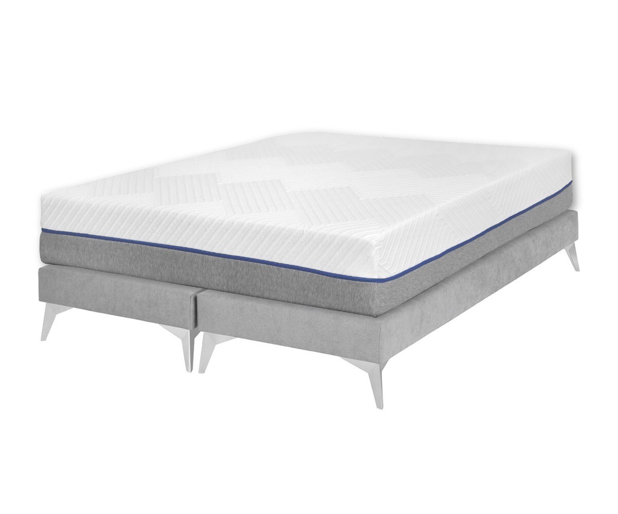 Sommier tapissier adulte 2 places avec matelas Hisso Gris clair 2x70x190 cm Pieds Kompy chromé Matelas mousse Moma