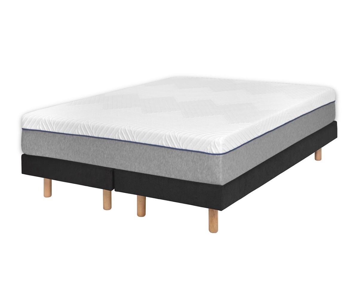Sommier tapissier adulte 2 places avec matelas Hisso Gris anthracite 2x80x200 cm Pieds Cylo bois Matelas ressorts ensachés Riva
