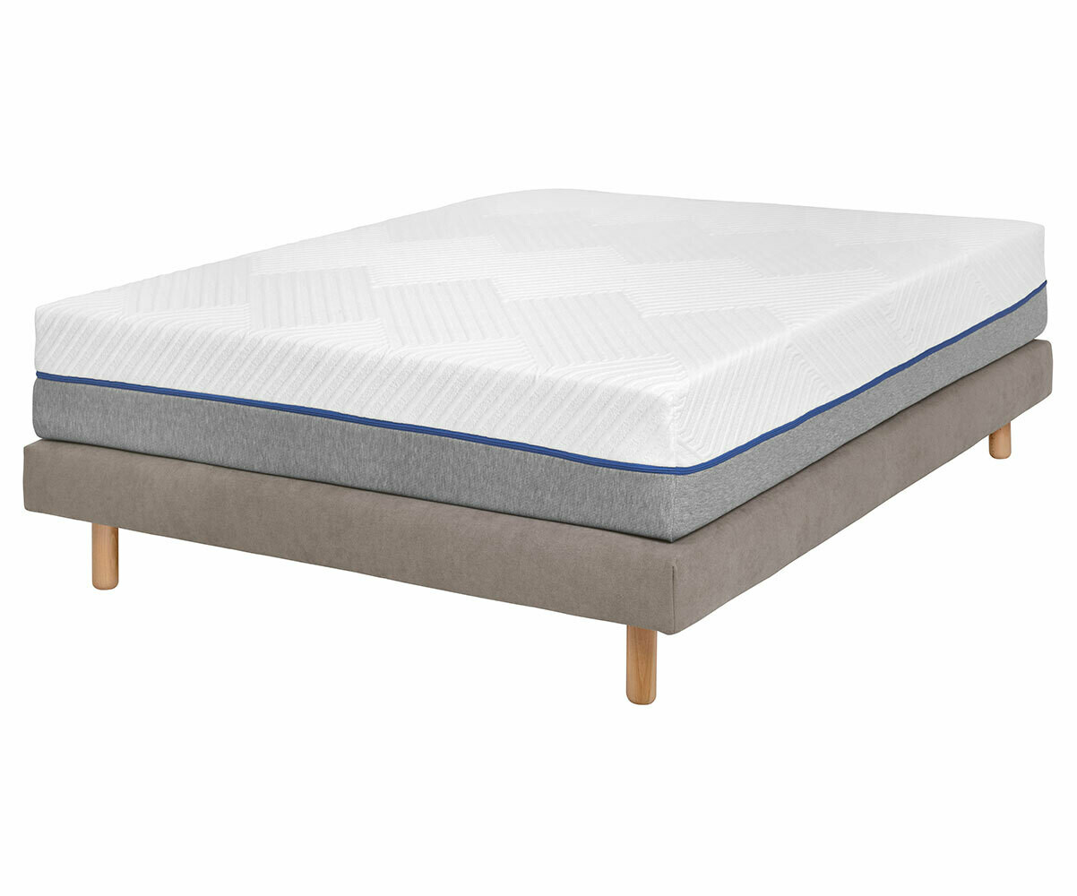 Sommier tapissier adulte 2 places avec matelas Hisso Beige 140x190 cm Pieds Cylo bois Matelas mémoire de forme Vénus