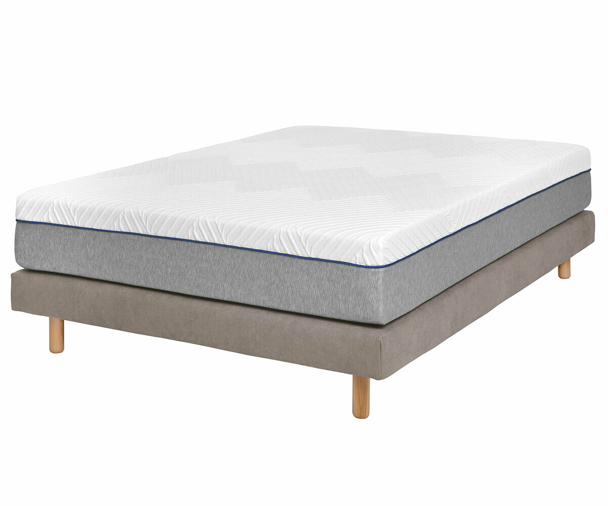 Sommier tapissier adulte 2 places avec matelas Hisso Beige 140x190 cm Pieds Cylo bois Matelas ressorts ensachés Riva