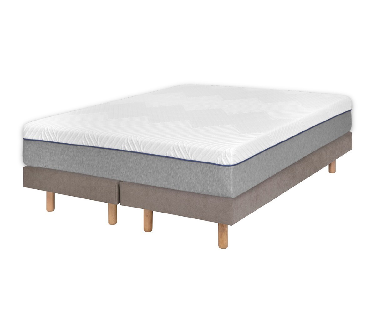 PROMO ! Sommier tapissier adulte 2 places avec matelas Hisso Beige 2x70x190 cm Pieds Cylo bois Matelas ressorts ensachés Riva