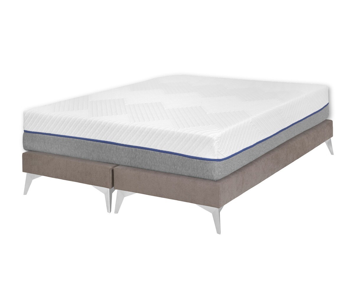 PROMO ! Sommier tapissier adulte 2 places avec matelas Hisso Beige 2x70x190 cm Pieds Kompy chromé Matelas latex Lety