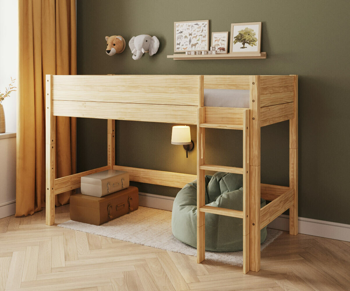 PROMO ! Lit mezzanine enfant Combeebed Bois naturel 90x200 cm Echelle grand côté Hauteur 142 cm