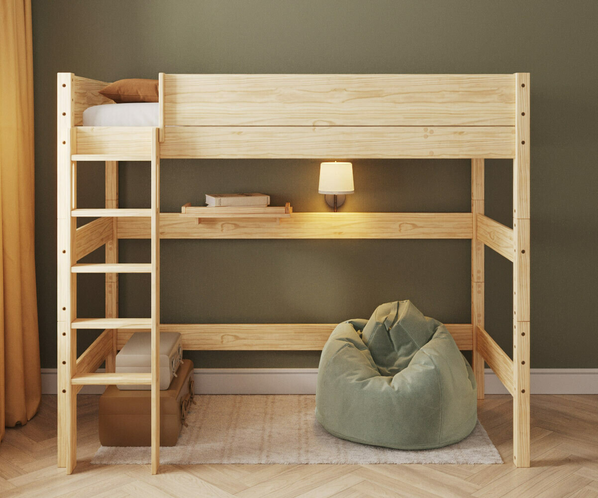 PROMO ! Lit mezzanine enfant avec matelas Combeebed Bois naturel 90x200 cm Echelle grand côté Hauteur 177 cm Matelas Norway 13 cm